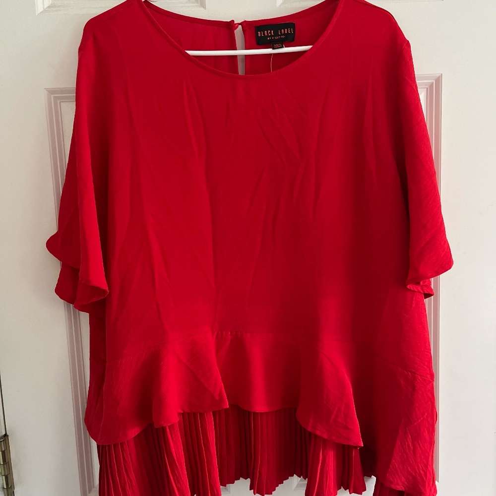 NWT Black Label By Cesttoi Flounce Hem, Red Blouse, Plus Size, Short Sleeve, 3XL